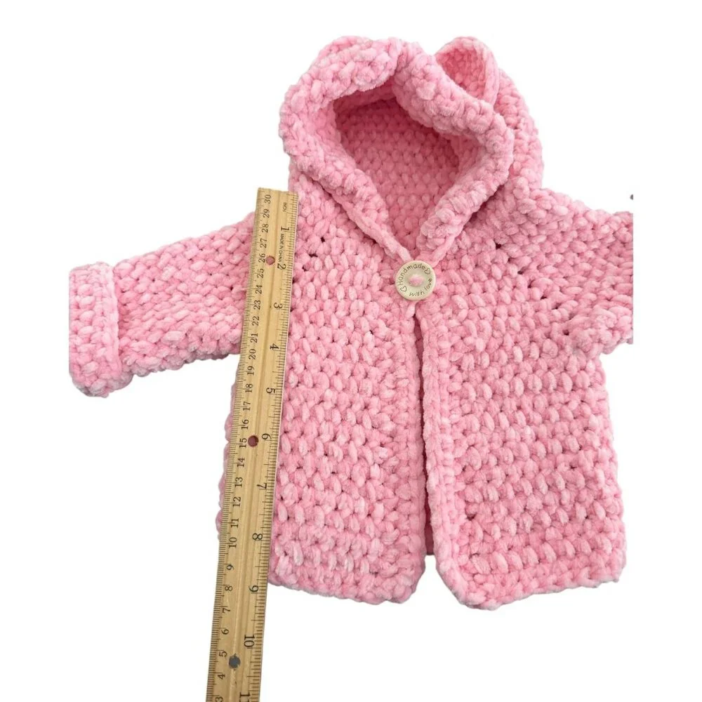 Handmade Pink Chenille Newborn Baby Hoodie & Booties Set Bear Ears Soft Plush - Picture 16 of 16